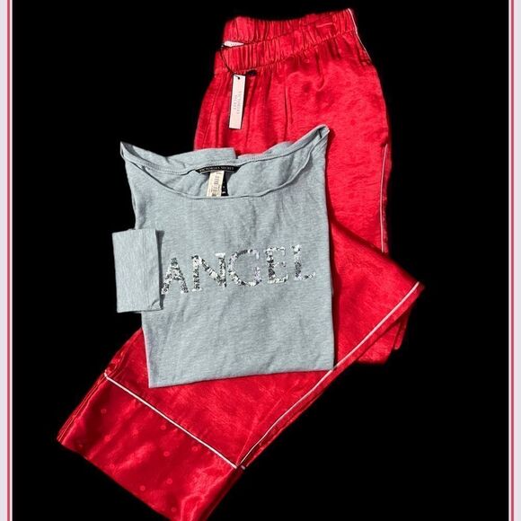 Victorias Secret Silky Satin thick pants & soft bling Angel top pajama set red L - Picture 7 of 13